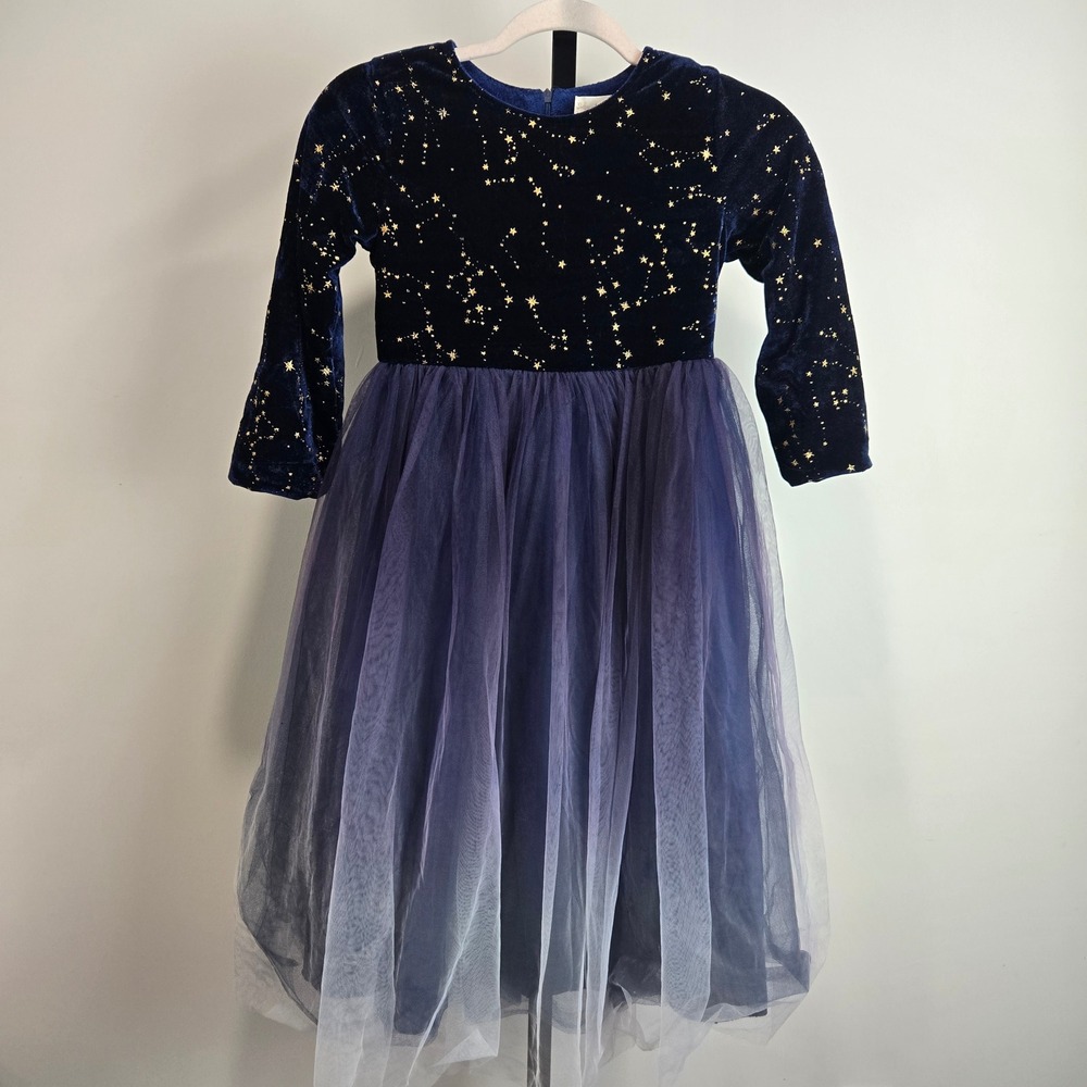 Girls Navy Velvet Gold Star Celestial Tulle Ombre Party Dress 8-10Y Fairy Whimsy